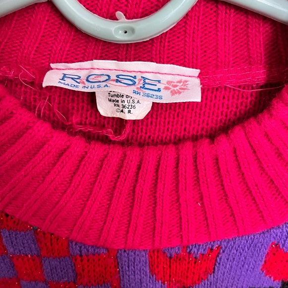 vintage acrylic lurex sweater scottie dog heart flower bows geometric 80s 1980s - Picture 4 of 6